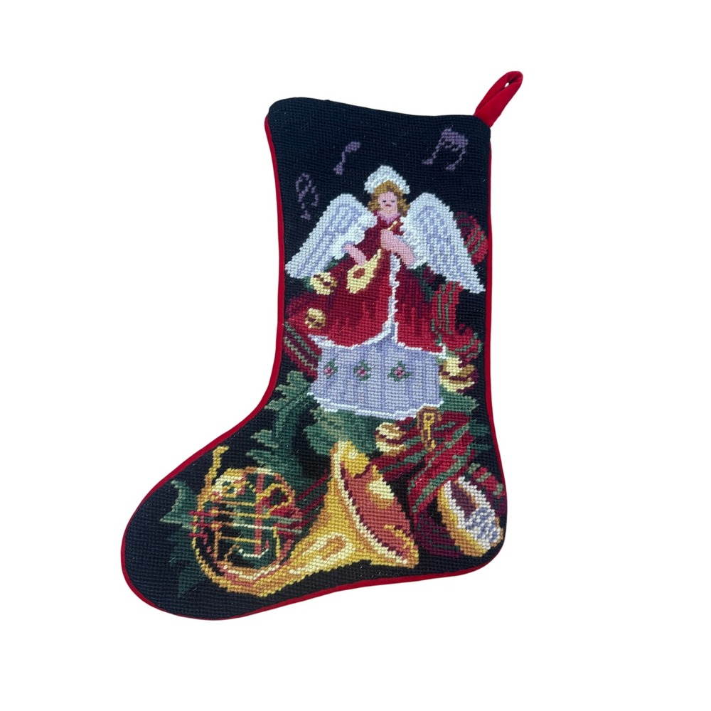 Vintage Needlepoint Christmas Stocking Angel Musical Horn Red Velvet Back 16in
